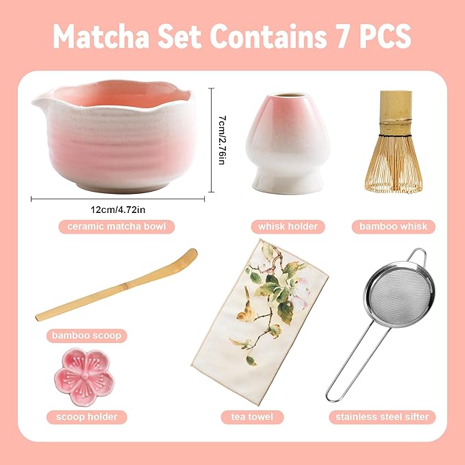 Matcha Whisk Set Ceramic Matcha Set Includes Bowl,Spout Bamboo Chasen Whisk with Ceramic Holder, Matcha Scoop and Stainless Sifter, Matcha Kit Valentine's Day Gifts for Women(7Pcs,Pink)