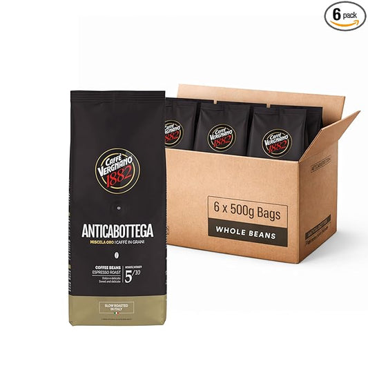 Caffe Vergnano 1882 Antica Bottega Whole Bean Arabica Medium Roast Espresso, 1.1 lbs Bag - Italian Coffee Beans with notes of Chocolate, Nuts & Caramel, Intensity 5/10-500g Bag (6 Pack)