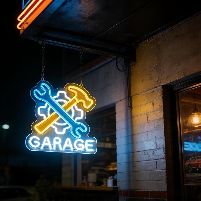 Garage LED Neon Sign, Wrench Hammer Gear Motif Accent USB Powered Decorative Neon Light for Garage Auto Shop Workshop Man Cave Wall Table Automotive Theme Decor 13.8 x 13.8 In - Image 8