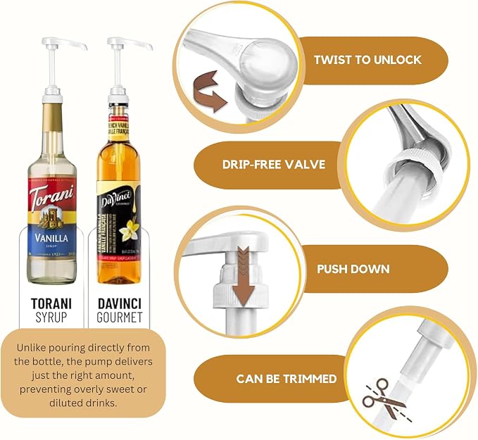 Syrup Pump Compatible with Torani, Davinci and Skinny (Set of 2) - fits Bottles (25.4 oz-750ml) (White) - Image 3