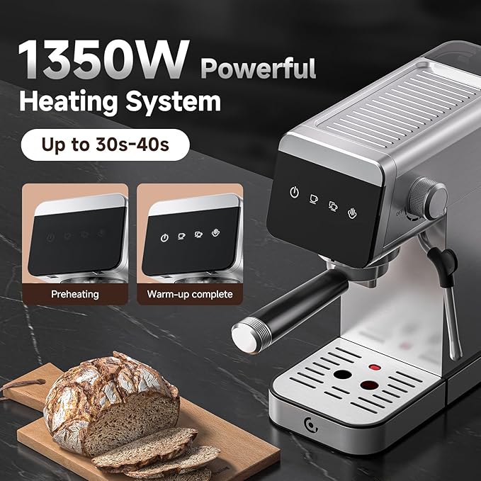 AMZCHEF Espresso Coffee Machine | Compact Design Espresso Maker Perfect for Home & Office | 20 Bar Pressure System | LED Touch Panel | Detachable Water Tank | Brushed Stainless Steel Housing