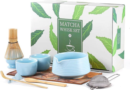 HELPLX Matcha Whisk Set, 10-Piece Japanese Matcha Kit with Bowl, Whisk & Holder, 2 Tea Cups, Bamboo Scoop, Spoon, Sifter, Scoop Rest & Tea Towel – Blue Matcha Tea Set for Ceremony or Daily Use