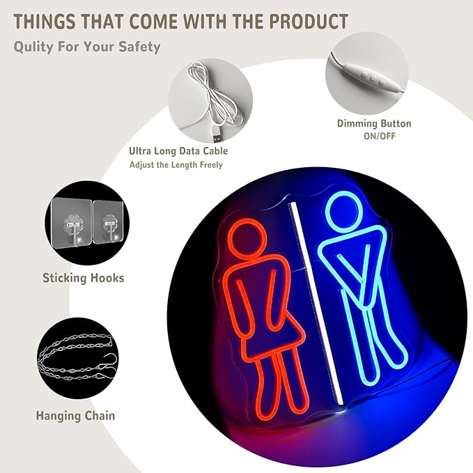 Restroom Neon Signs for Wall Decor Toilets Neon Light Dimmable Neon Bathroom Sign USB Power Red Blue Neon Light Up Sign for Bathroom Washroom Bedroom Bar Office
