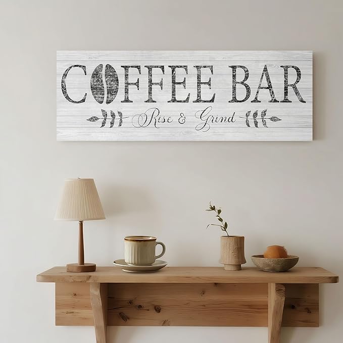 Rise & Grind Coffee Sign Decor Inspirational Canvas Prints Art for Kitchen Farmhouse Shelf Counter Bar Station Decoration 6x17inch