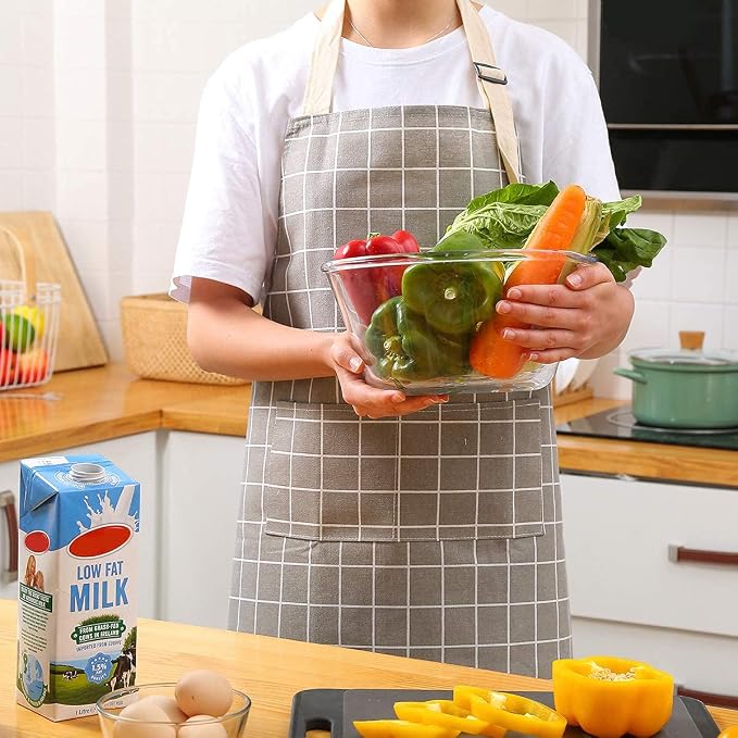 Tosewever 2 Pack Cotton Adjustable Bib Apron for Women, Cooking Kitchen Aprons with Pockets BBQ Drawing, Mom Woman Men Chef (Cotton - Grey/Green, 2) - Image 9