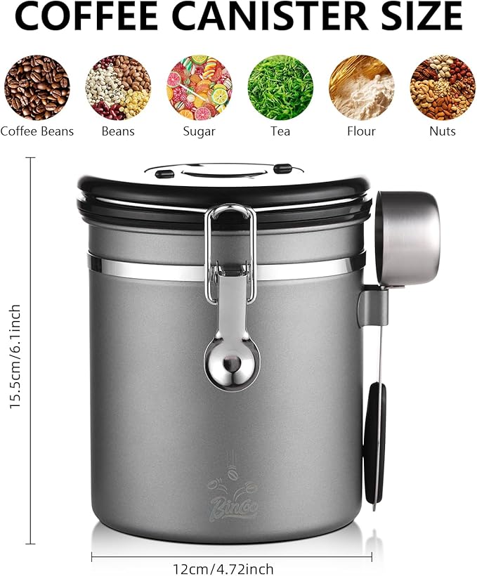 Bincoo Premium Grey Coffee Canister, 1500ml/18oz Large Airtight Stainless Steel Coffee Bean Storage Container with Date Tracker & Scoop (1500ML-Grey)