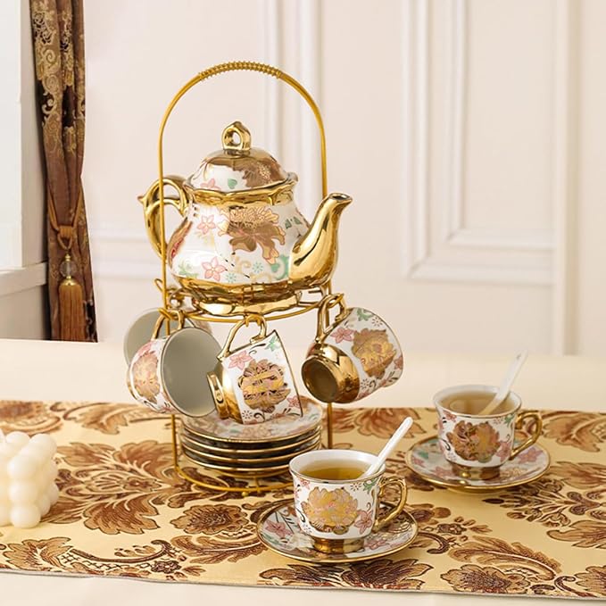 CHANJOON Gold Plated Red Rose Ceramic Tea Set, Vintage Tea Sets with Teapot, Beautiful Tea Set Coffee Serving 6 People (pink, Medium)