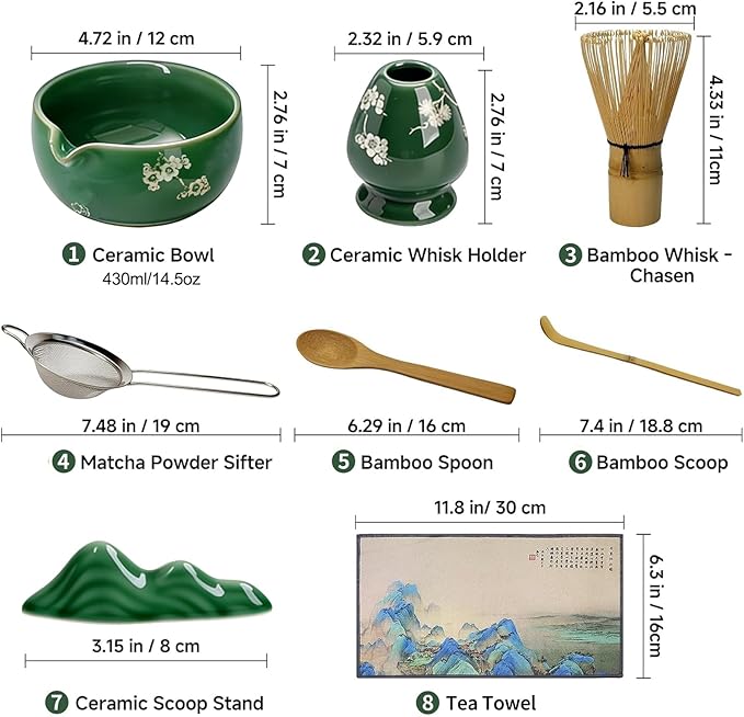 Matcha Whisk Set, Ceramic Matcha Kit Set Includes Matcha Bowl, Matcha Whisk and Holder, Bamboo Scoop and Spoon, Scoop Rest, Sifter and Tea Towel - 8 Pcs Matcha Kit for Matcha Lovers, Green