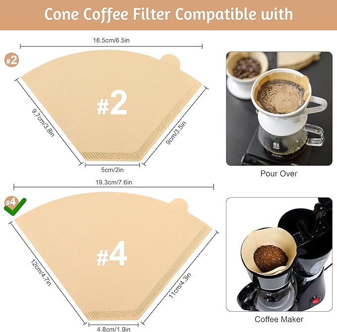 Coffee Filters #4,100 Count Disposable Coffee Filters 8-12 Cup,No Blowout,Unbleached Natural Coffee Filters 4 Cone Paper for Pour Over Coffer Makers/Coffee Dripper Cones