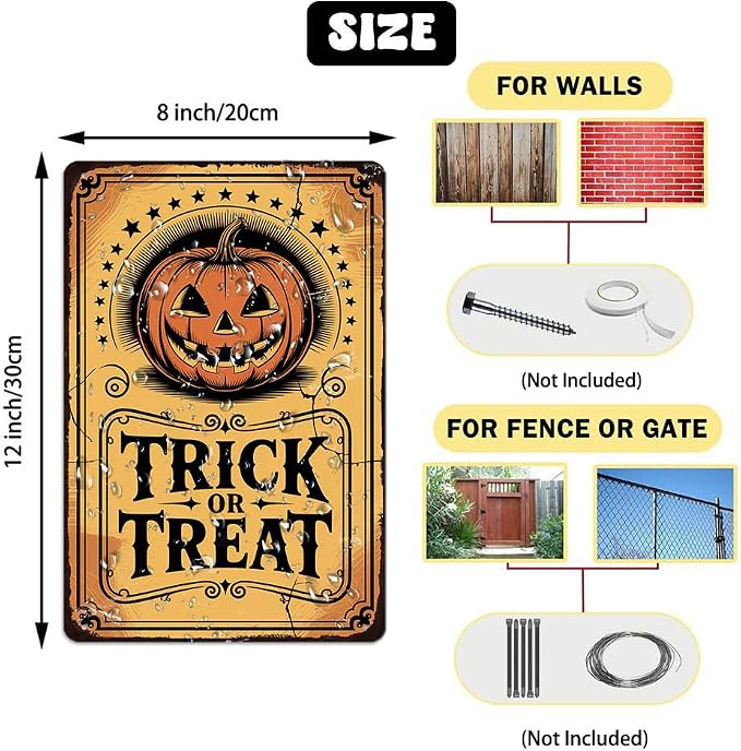 Vintage ''Trick or Treat'' Metal Sign - 8x12 Inch, Spooky Pumpkin Ghost Art Sign For Porch, Pubs, Cafe, Garage Decor, Halloween Party Accessories, Halloween Decor - Image 2