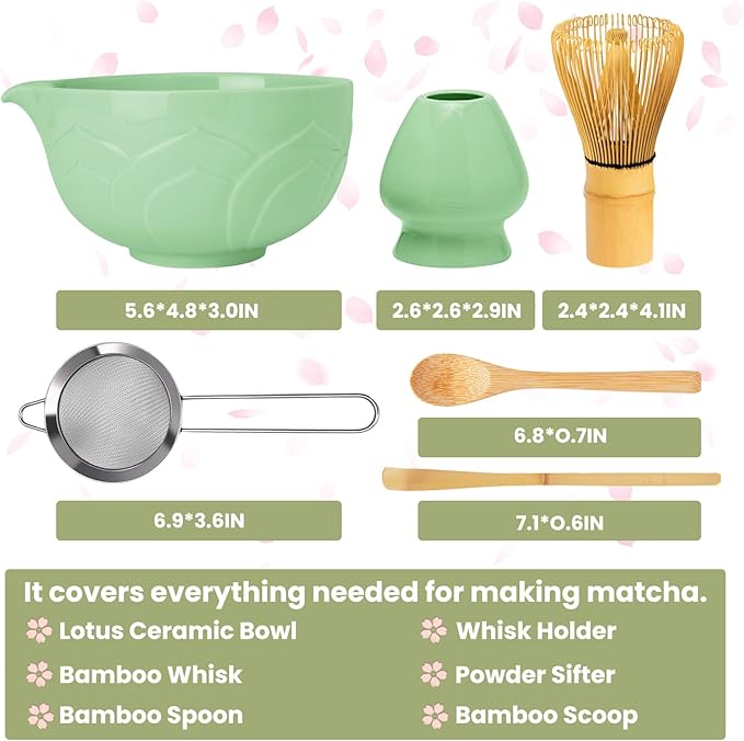 Matcha Whisk Set, Lotus Cyan Ceramic Matcha Set Includes Matcha Bowl, Matcha Whisk (Chasen) and Holder, Sifter, Bamboo Scoop & Spoon - 6 Pcs Matcha Kit for Matcha Lovers