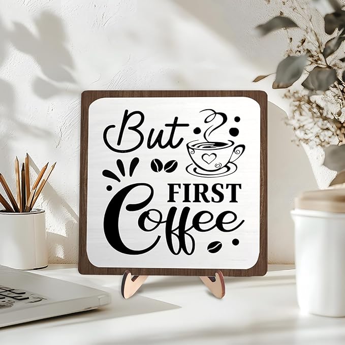 Coffee Bar Sign Plaque, Coffee Bar Accessories,Rustic Farmhouse Cafe Sign for Kitchen Office,Wooden Tabletop Plaque with Stand,Cute Mini Café Bar Decor Gift 5.9x5.9inch