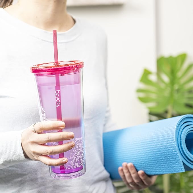 bzyoo SIP 24oz (710ml) Double Wall Plastic Tumbler with Lid and Straw Cold Drink Travel Mug Reusable Party Cup Perfect for Office Ice Coffee or Tea and Gift Color: Pink & Purple