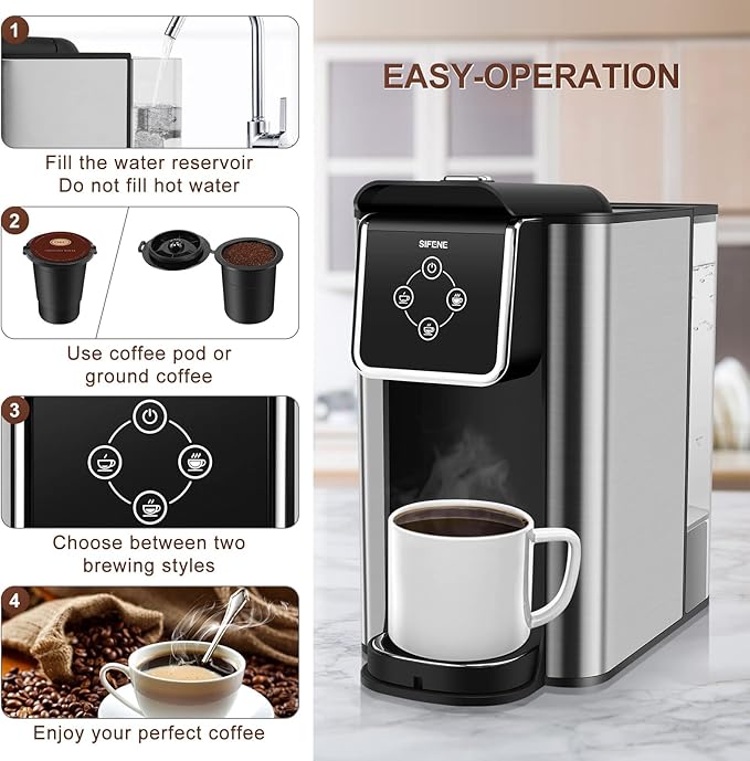 SIFENE 3-in-1 Pod Coffee Machine KC101 - Single Serve Coffee Maker - Quick Brew for Pods, Ground Coffee, Tea, Black