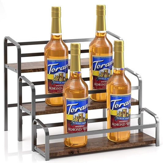 Coffee Syrup Rack,12 Bottle Capacity,3 Tier Coffee Bar Organizer,Kitchen Wine Rack,Coffee Station for Syrup, Wine Stand Shelf,Coffee Bar Accessories (Dark Brown Wood, Grey)