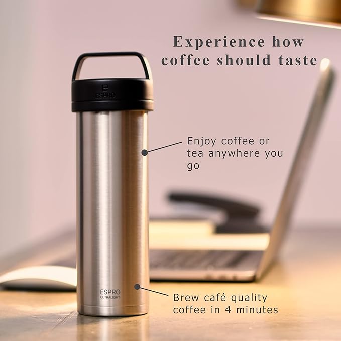 ESPRO P0 Ultralight French Press Coffee Maker for Travel, Vacuum Insulated Stainless Steel, 16 Ounces, Brushed Stainless Steel
