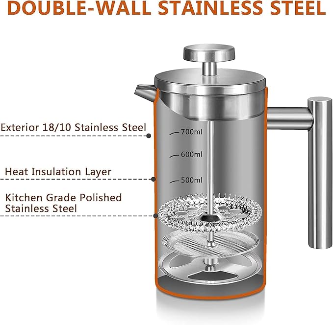 Miuly 21 oz Stainless Steel French Press 600ML Coffee Press with 3 Level Filtration System, Double Wall Insulated French Press with 2 Filters for Home or Office, Silver