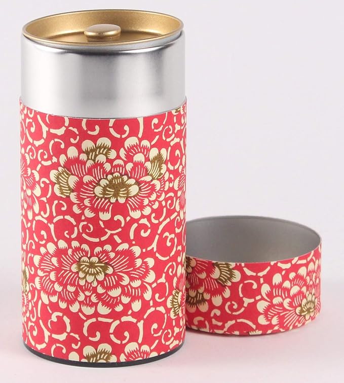 Washi Paper Tea Tin Canister: Long 7oz (200g) Fiery Chrysanthemum (#115), Japan