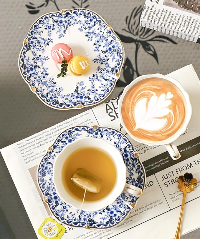 Noviko 6 oz Ceramic Tea Cups and Saucers Set Vintage Floral Teacup for Women