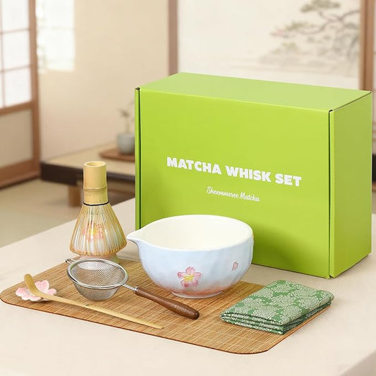 Matcha Whisk Set with Tray 8pcs, Matcha Kit includes Matcha Bowl, Matcha Whisk (Chasen), Whisk Holder, Scoop(Chashaku), Bamboo Placemat, Sifter, Tea Cloth Chakin，Blue & Pink