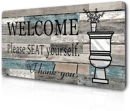 Funny Bathroom Welcome Sign, “Please SEAT Yourself” Metal Wall Decor, 16x4 Inch Rustic Farmhouse Sign for Restroom, Powder Room, Guest Bath - Humorous Home Decor Gift by Unknown