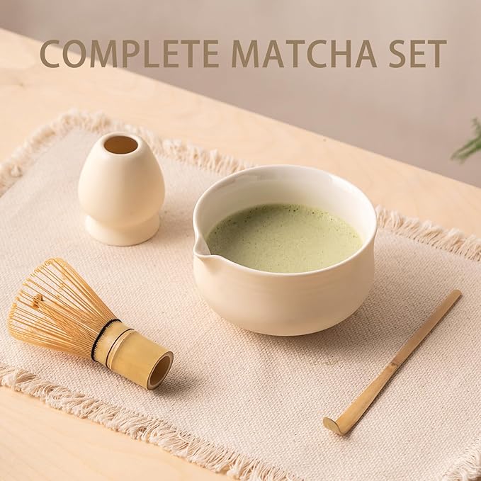 Matcha Set, Japanese Tea Set Includes Matcha Bowl with Spout, Matcha Whisk Holder (chasen), Bamboo Matcha Whisk and Bamboo Scoop, Ceramic Matcha Kit for Tea Lovers