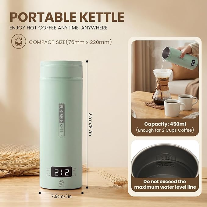 Portable Electric Kettle forTravel, Small Hot Water Kettle with NTC Temperature Control and Auto Shut-Off, 316 Stainless Steel, Green 110V & 15oz