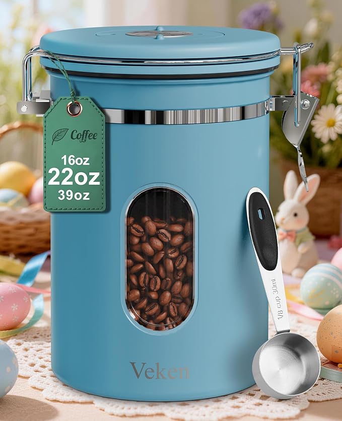 Veken Coffee Canister with Window, Easter Gifts Airtight Stainless Steel Container with Lids, Home Kitchen Food Storage Jars for Grounds, Beans, Tea, Flour, Cereal, Sugar, Basket, Scoop, 22OZ, Blue