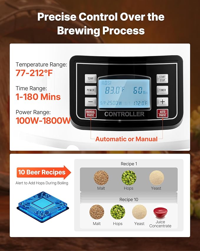 VEVOR Electric Brewing System, 9.2 Gal/35 L Brewing Pot, All-in-One Home Beer Brewer w/Pump, Mash Boil Device w/Panel, Auto/Manual Mode 100-1800W Power 25-100℃ Temp 1-180 min Timer Recipe Memory