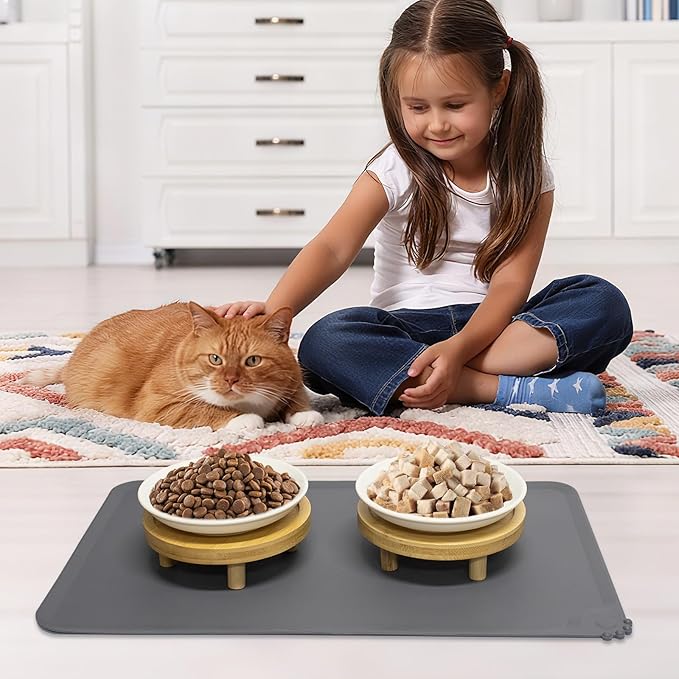 Upgraded Elevated Cat Bowls with Food Mat, Raised Ceramic Cat Dishes with Bamboo Stand, Shallow Wide Pet Feeding Bowls Whisker-Friendly for Food and Water, (Ceramic,Set of 2)