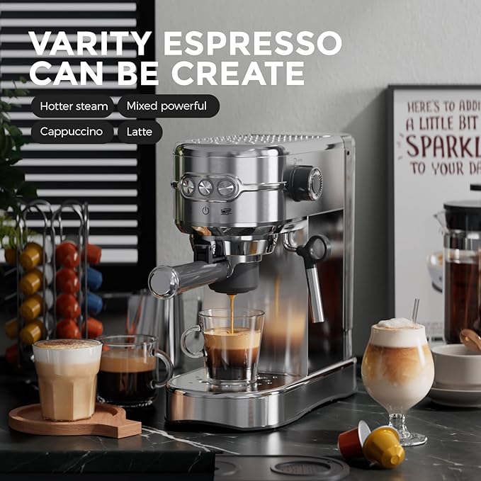 20-Bar Espresso Machine & Coffee Machine – Compatible with N Espresso Capsule & Coffee Ground,Stainless Steel Milk Frother – 34 oz Espresso Cup - Latte Machine & Cappuccino Machine