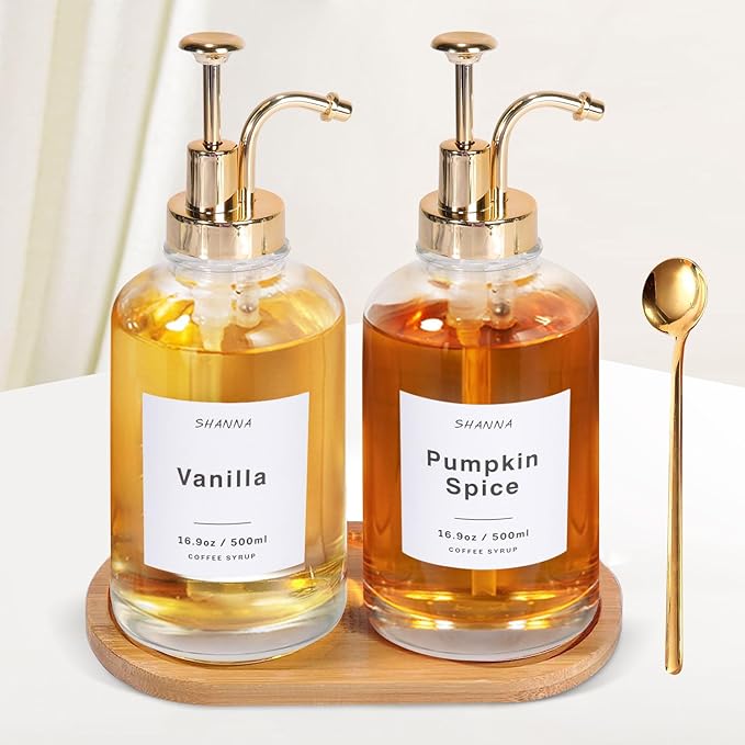 Coffee Syrup Dispenser for Coffee Bar, 16.9oz 500ml Glass Syrup Dispenser w Golden Coffee Scoop, Coffee Syrup Pump Dispenser w 36 Labels and Bamboo Tray, Coffee Syrup Bottles with Golden Pump, 2PCS by SHANNATOYS