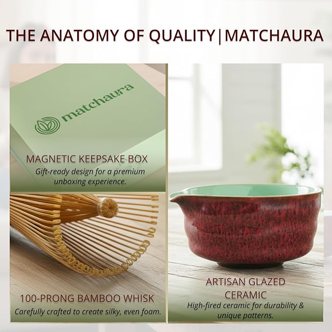Premium Matcha Whisk Set – 5 Piece Japanese Tea Ceremony Kit | Spouted Ceramic Bowl, Bamboo Whisk, Holder, Scoop, Sifter – Essentials for Smooth Matcha Preparation - Magnetic Gift Box