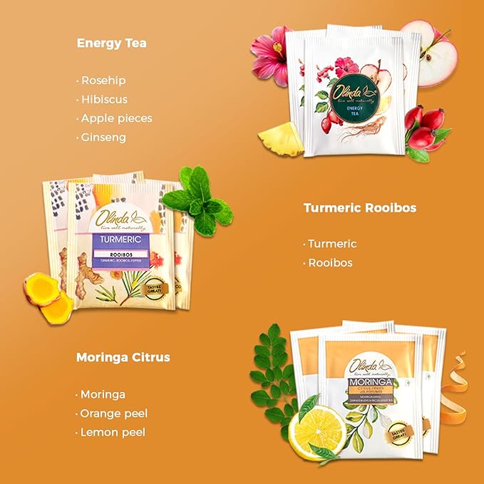 Olinda Health & Vitality Tea Gift Box Tea Samplers Tea Bags Low Caffeine Detox Energy Tea Natural Herbal Gift Set Premium 9 Variety Pack Individually Wrapped 45 Tea Bags 1 Tea Box Tea Gifts for Women