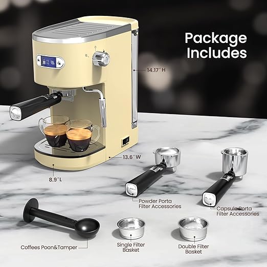 20 Bar Espresso Machine, Professional Stainless Steel Coffee Maker with LCD Display, 45oz Removable Water Tank, Home & Office Espresso Maker for Cappuccino Latte Macchiato, White