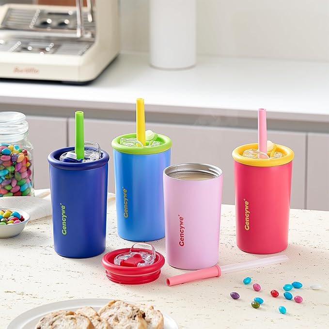 Kids Stainless Steel Cups with Straws and lids | 12 oz Spill-Proof Sippy Smoothie Tumbler Set, Small Kids Snack & Drink Water Cups, BPA-Free, Dishwasher Safe, with Box (Age: 3+ years old & up)