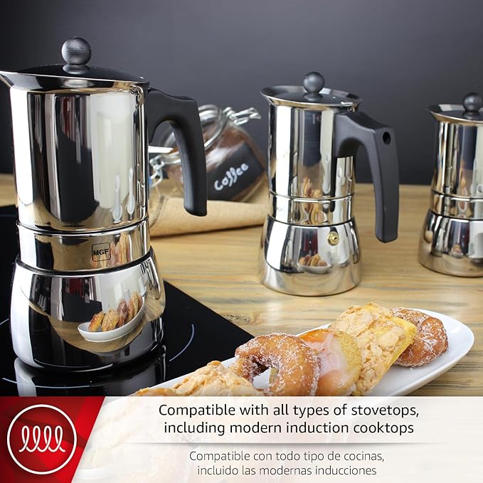 Magefesa Genova Stovetop Espresso Maker, 6 Cups/10 oz, 18/10 Stainless Steel Moka Pot, Italian Greca Coffee Maker, Suitable for Induction