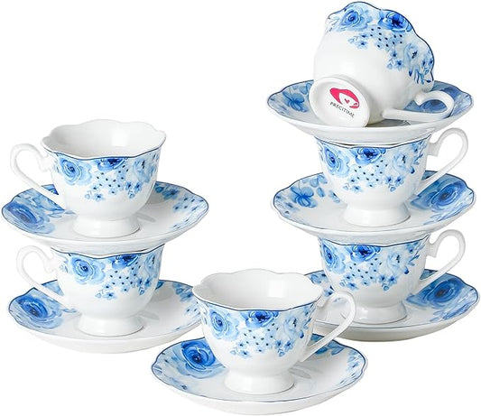Porcelain Demitasse Espresso Cup and Saucer Set of 6 (12-Piece) - 2.5oz Cups with Classic Blue Floral Pattern, Dishwasher & Microwave Safe