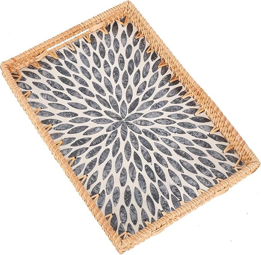Rectangle Rattan Tray with Mother of Pearl Inlay, Rattan Serving Tray with Handle for Coffee, Bread, Fruits, Snacks, Decorative Wicker Tray for Table Decor (Rectangle Dark Blue Leaf, 13"×9")