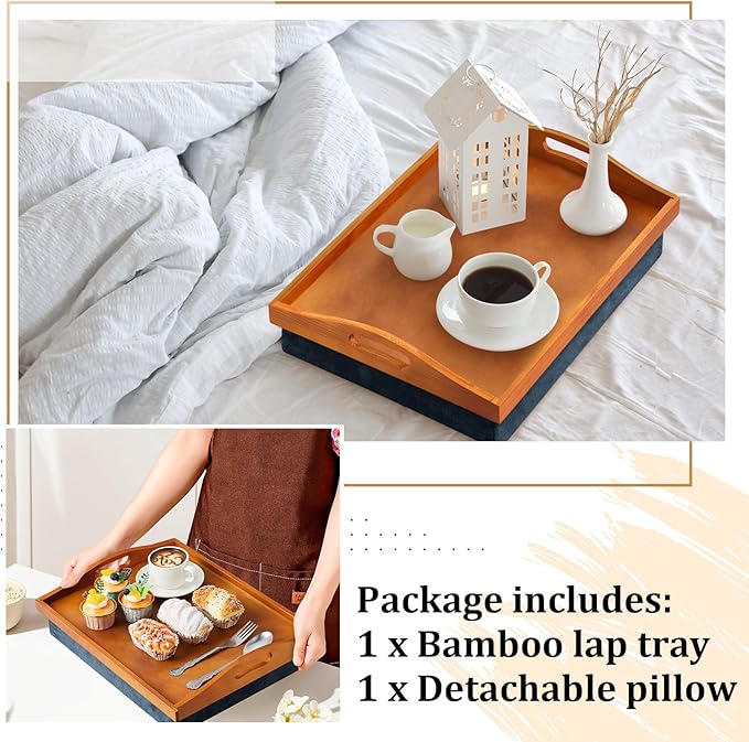 Tioncy 1 Piece Bamboo Lap Tray with Detachable Pillow 16.9'' x 13'' Lap TV Trays Desk with Handles for Adults Eating in Recliner Breakfast Housewarming Gift (Vintage Brown)