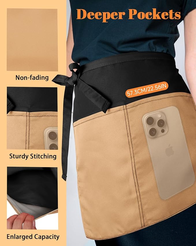 Slohif Reversible Server Apron 6 Pockets - Waist Apron for Waitress Women Half Serving Short Apron for Waiter - Image 5