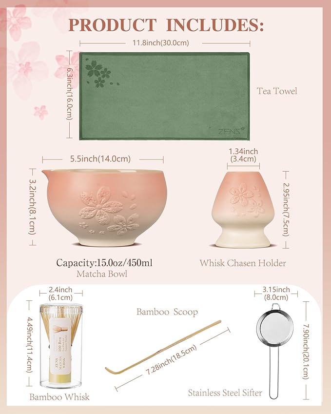 ZENS Matcha Whisk Set, 6pcs Matcha Kit Set with Matcha Bowl, Bamboo Whisk & Scoop, Chasen Holder, 304 Stainless Steel Sifter, Tea Mat for Japanese Tea Ceremony- Pale Pink