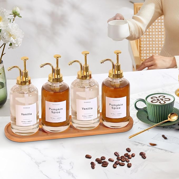 Coffee Syrup Dispenser for Coffee Bar, 16.9oz 500ml Glass Syrup Dispenser w Golden Coffee Scoop, Coffee Syrup Pump Dispenser w 36 Labels and Bamboo Tray, Coffee Syrup Bottles with Golden Pump, 4PCS - Image 3