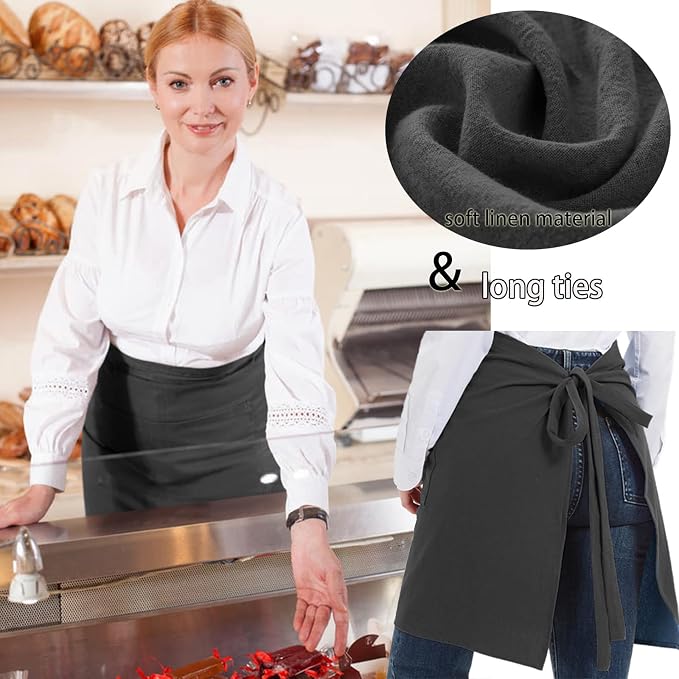 Cityelf Half Apron for Women Men Cotton Linen with 2 Large Pockets Waist Short Bistro Server Aprons Waiter Waitress Unisex - Image 2