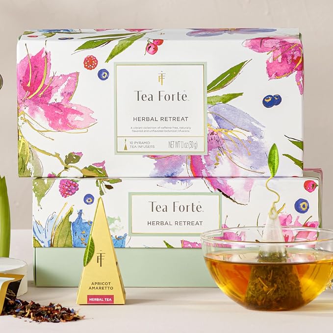 Tea Forte Premium Petite Presentation Box Gift Set Sampler, 10 Count, 2 of Each Blend Individually Wrapped Handcrafted Pyramid Infuser Bags, Herbal Retreat
