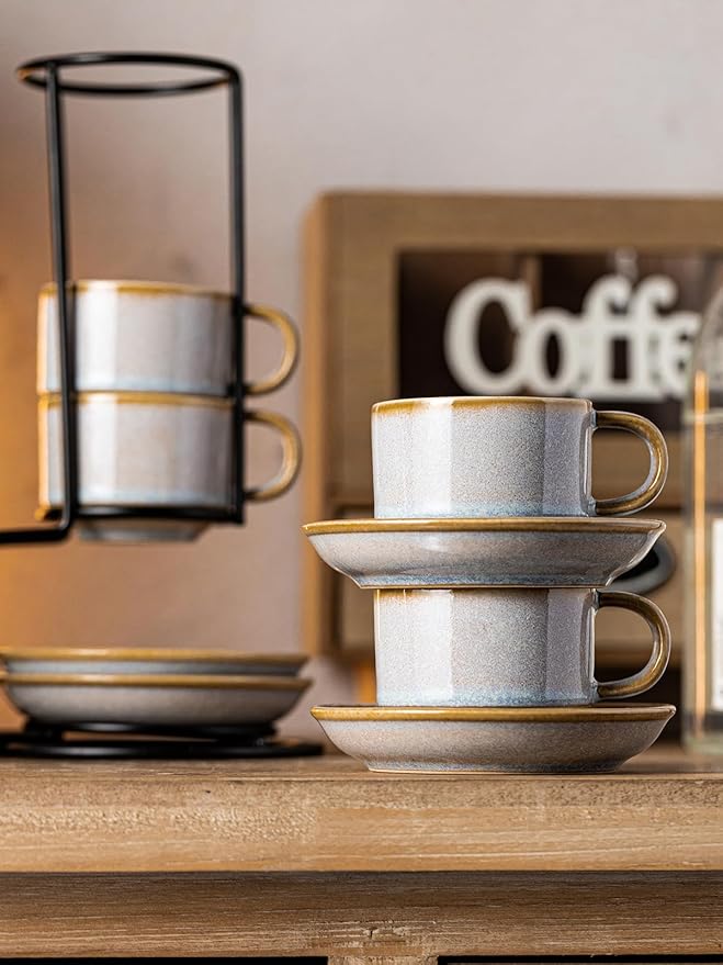 Gomakren 2.5 Ounce Espresso Cups Set of 4, Small Stackable Coffee Cups with Saucers and Metal Stand, Valentine Porcelain Demitasse Cups for Specialty Coffee Drinks, Espresso, Cappuccino, Latte, Gray