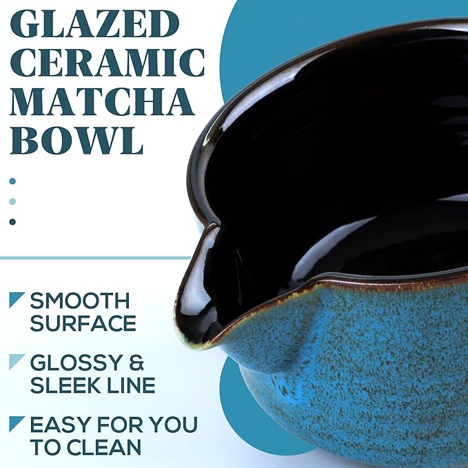 Japanese Matcha Bowl, Glazed Ceremonial Matcha Bowl with Whisk Holder for Matcha Powder/Matcha Tea/Japanese Matcha (Blue(w/Spout))