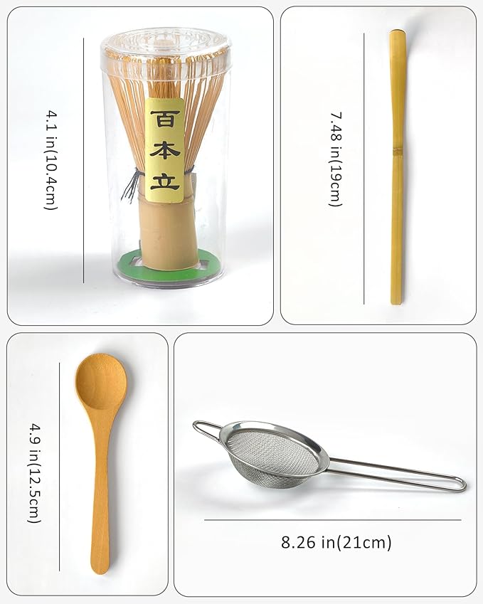 Matcha Whisk Set, 4 Piece Matcha Making Kit Includes Bamboo Whisk (Chasen), Spoon (Chashaku), Stainless Steel Sifter, Teaspoon, Traditional Handmade Matcha Starter Kit 100% Natural Bamboo