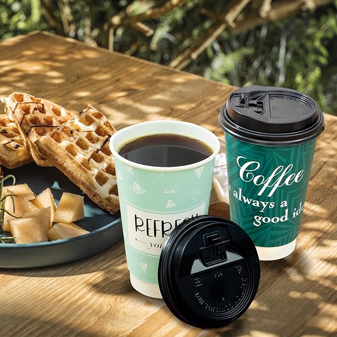 Disposable Coffee Cups with Lids 16 oz, 50 Pack Double-Walled Fun Designs, Insulated, Hot Beverage Paper Cups for Cold & Hot Drinks