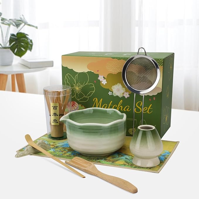 8PCS Matcha Whisk Set, Ceramic Matcha Kit Set, Japanese Tea Ceremony Tools with Matcha Bowl, Spoon, Bamboo Whisk, Holder, Sifter, Tea Cloth, Scoop and Scoop Stand (Dark Green and White)
